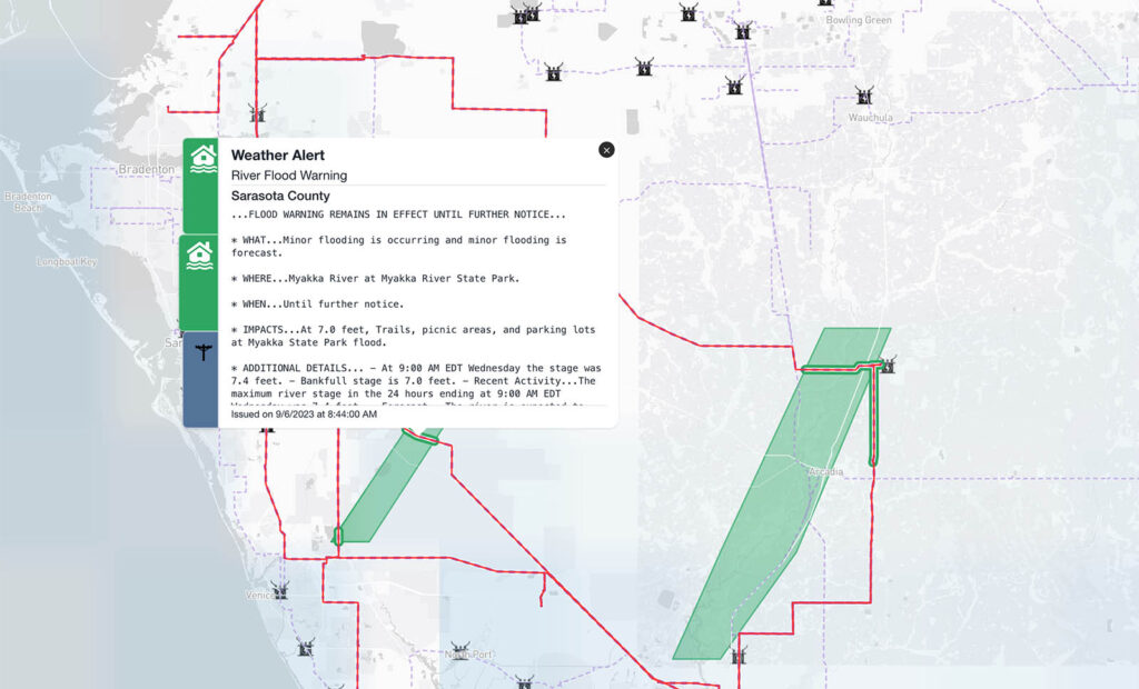 Spire's DeepVision weather dashboard showing flood warning weather alert