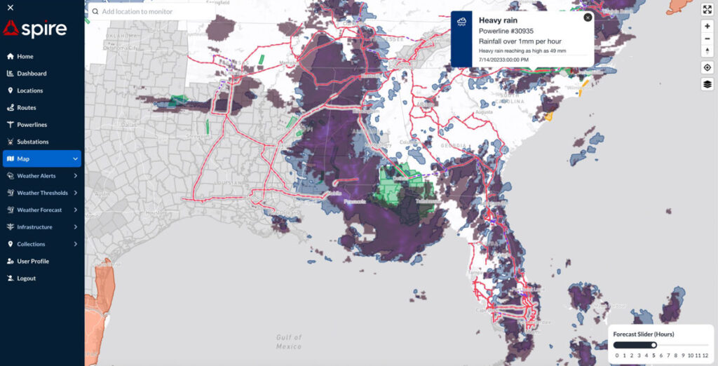 Spire’s Weather dashboard showing storm warnings that may impact infrastructure and power lines across Florida