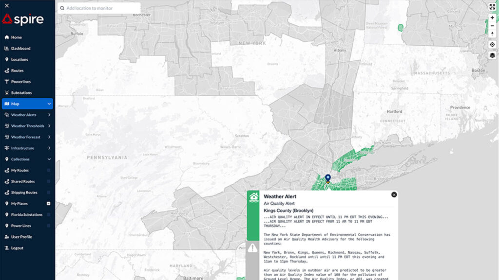 Spire DeepVision™ dashboard example - User locations and government weather alerts - zoomed and details