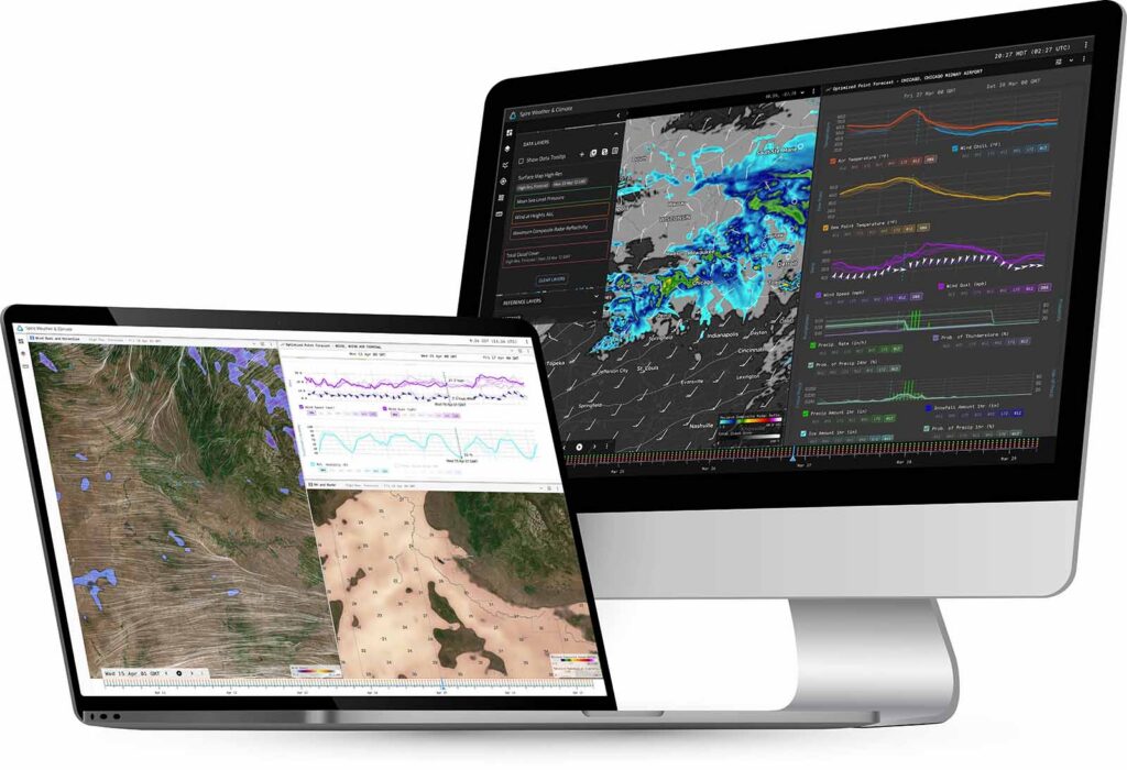 Spire Weather & Climate dashboards on laptop and desktop screens